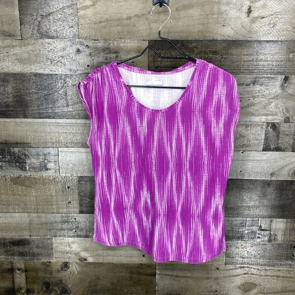 Columbia Women's Cap Sleeve Crew Neck T-Shirt Size Medium Purple Abstract Print - Picture 2 of 7